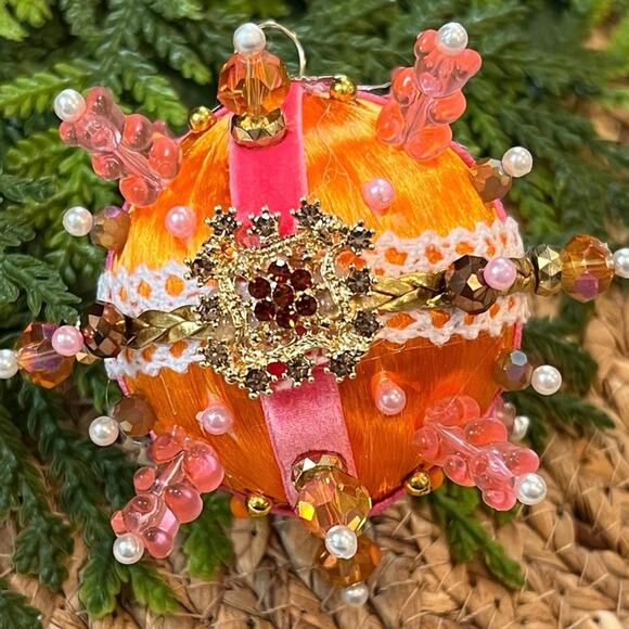 Beaded Push Pin Satin Thread Ball Christmas Ornament Mid Century Vintage Style - Picture 1 of 8